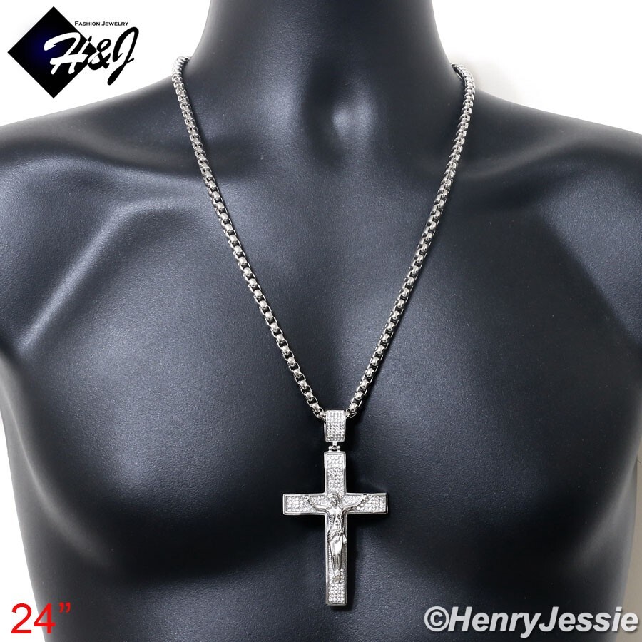 24″MEN Stainless Steel 5mm Silver Box Link Chain BIG ICY CZ Cross Pendant*IP142
