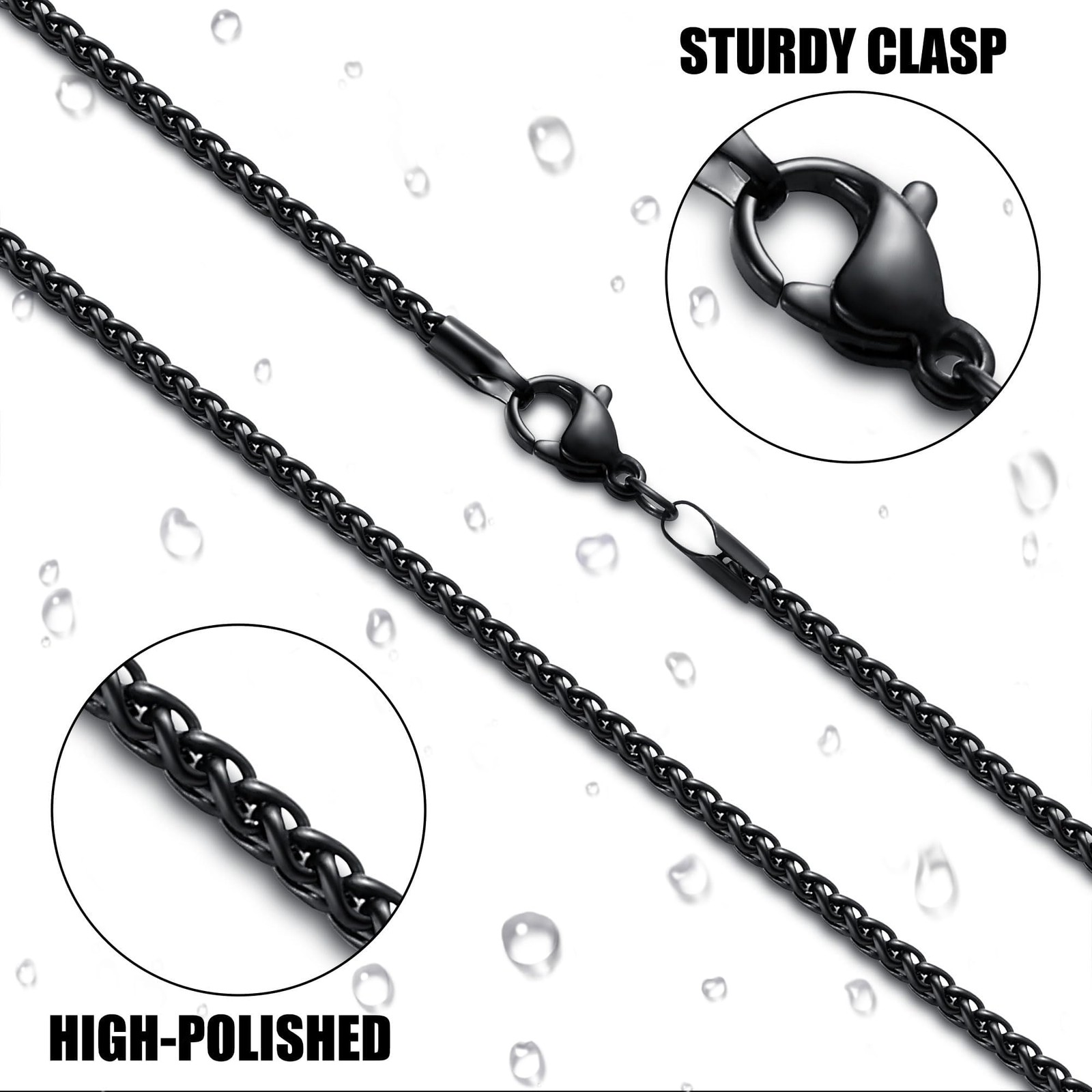 Black Wheat Chains for Men and Women, 2mm Stainless Steel Necklace Chains, Me…