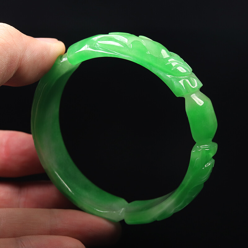 59mm Emerald Green Jadeite Jade Bangle Bracelet Hand-carved Dragon Phoenix 11991