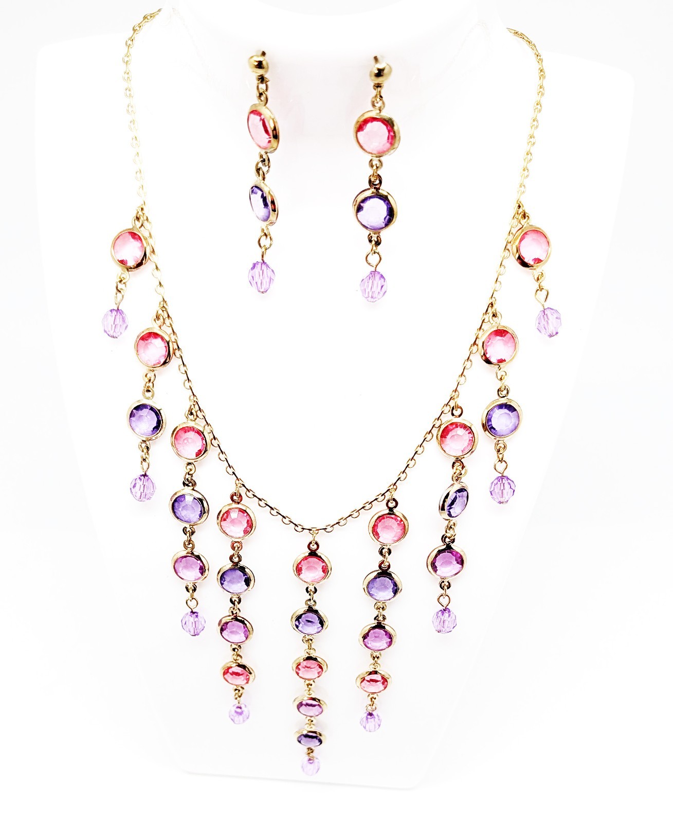 DESIGNER INSPIRED 18 in PURPLE PINK FAUX CRYSTAL DANGLE GOLD TONE JEWELRY SET