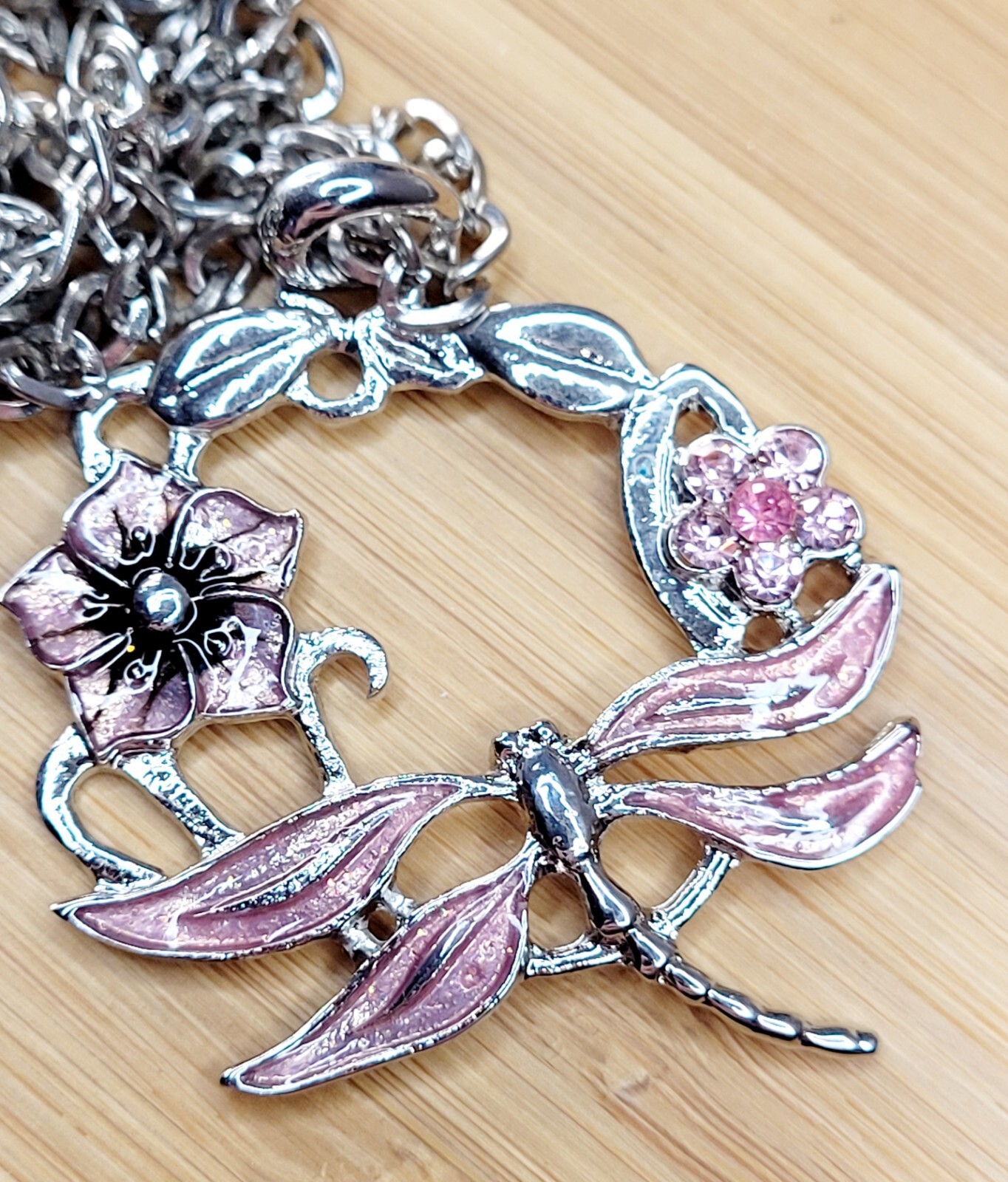 PINK DRAGONFLY & Flowers Pendant Vintage NECKLACE with Gift Bag BRAND NEW