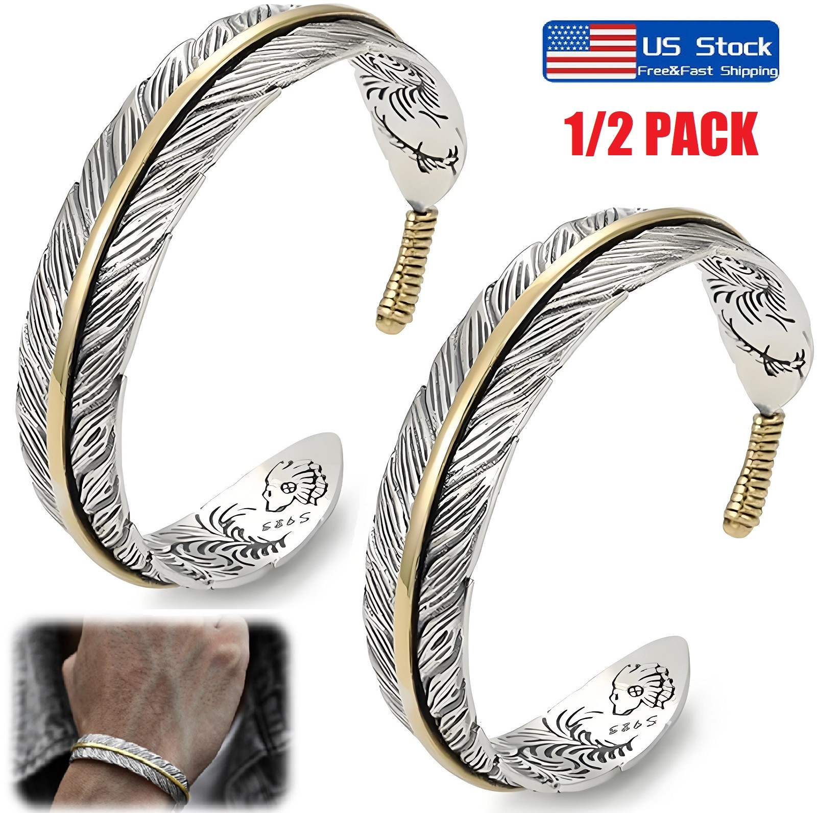 1-2× Men’s Silver Feather Adjustable Bangle Cuff Bracelet Fashion Retro Jewelry