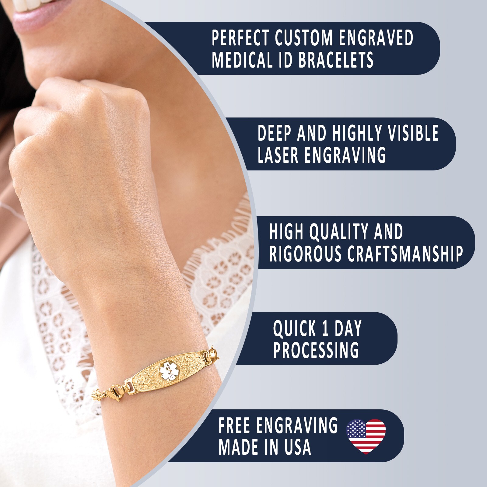 Divoti Custom Engraved Olive Medical Alert ID, Women Bracelet w/Heart Link Chain