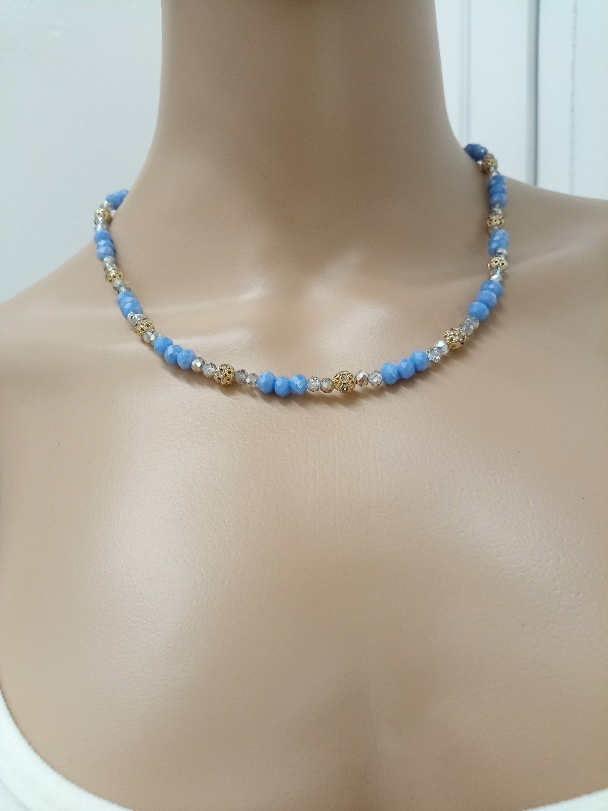Austrian Crystal Silver Porcelain Necklace Gold Steel