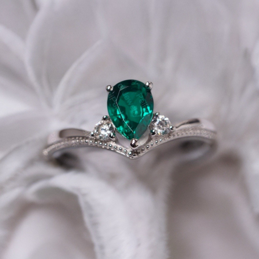 7x5mm Created Emerald Pear Women Engagement Ring 14k White Gold Plated