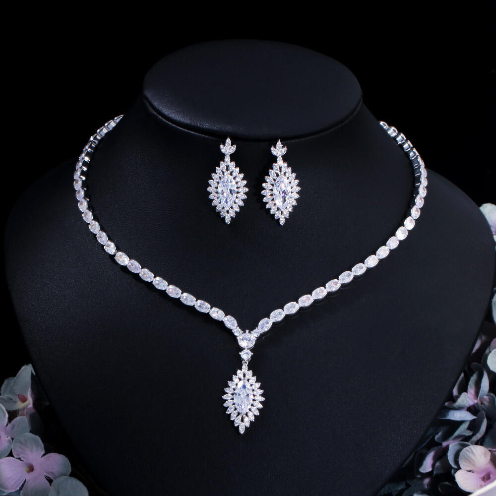 Silver Plated Long Drop Earrings Wedding Necklace Cubic Zirconia CZ Jewelry Set