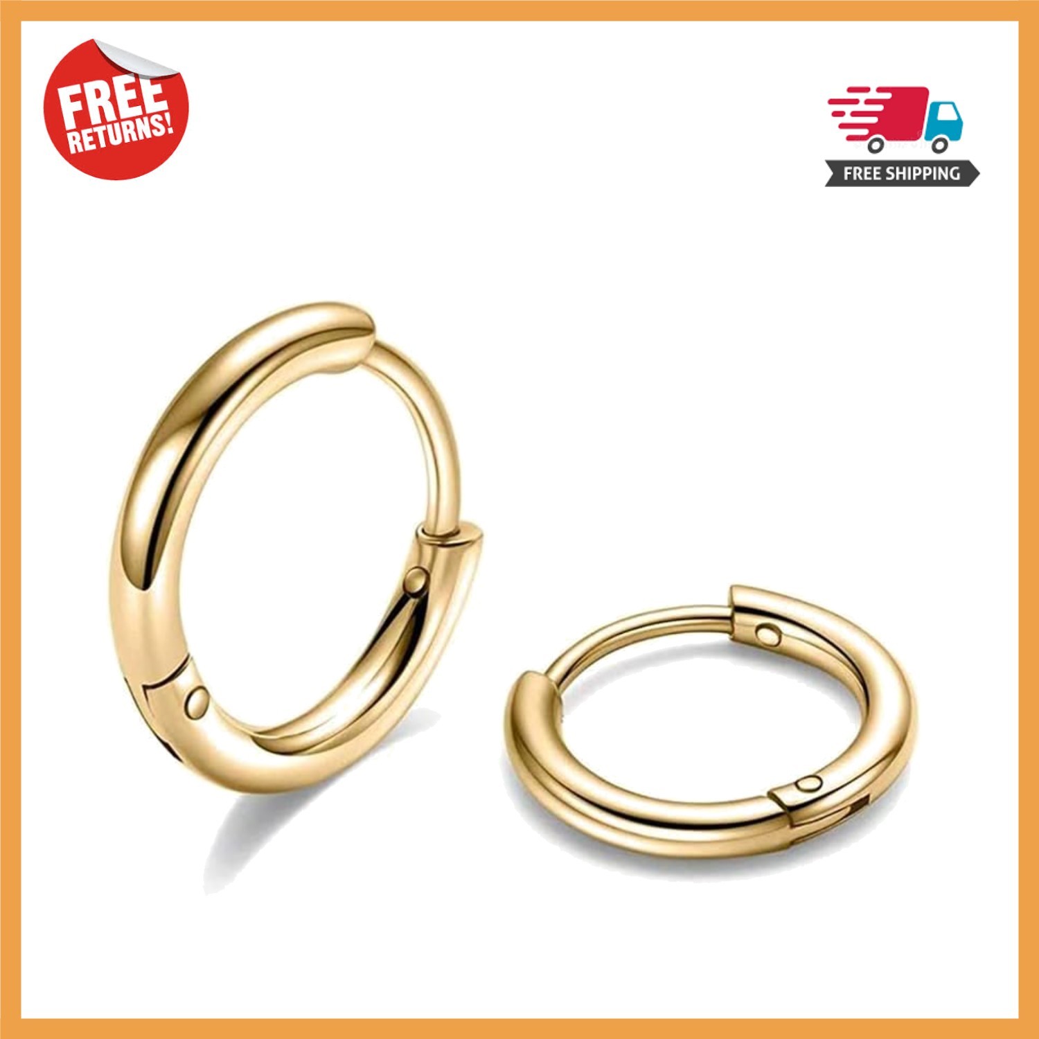 Durable Gold Finish Hypoallergenic Hoop Earrings, 8mm-14mm Small Sizes Available