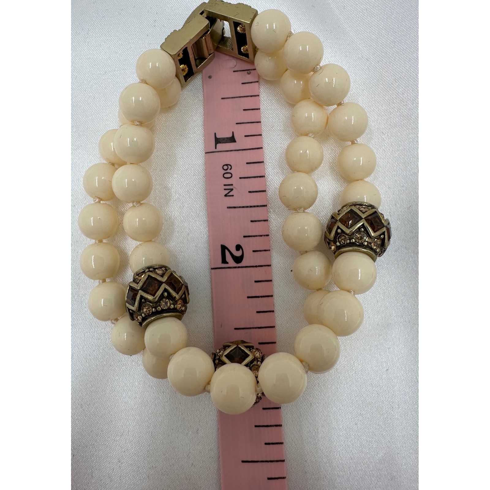 Heidi Daus Cream Faux Pearl Double Strand Bracelet Bronzetone Crystal Clasp 8in