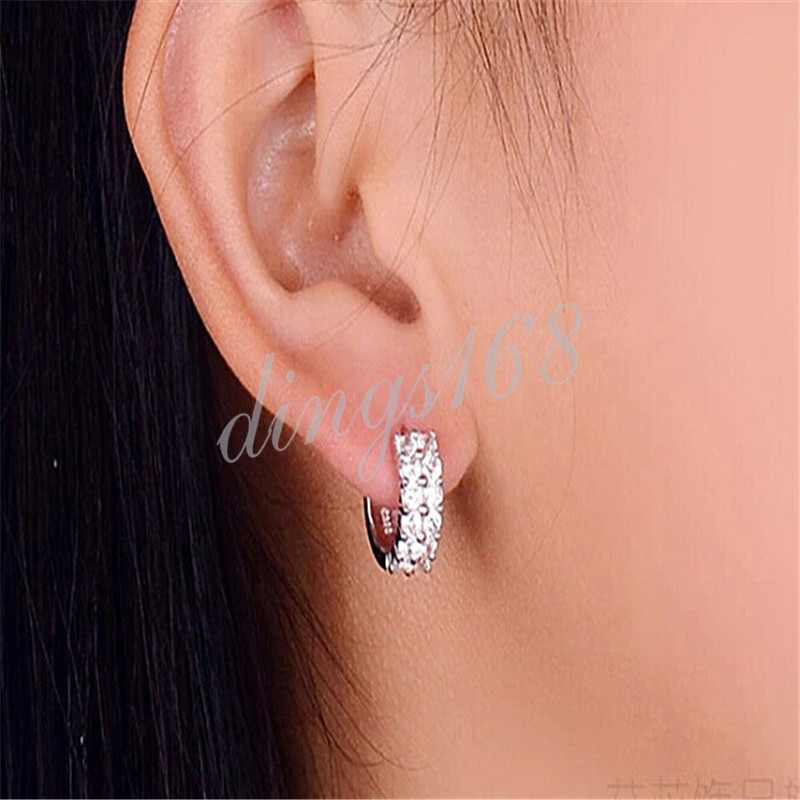 Real 925 Sterling Silver 4mm Crystal Micropave 0.55inch/14mm Small Hoop Earrings