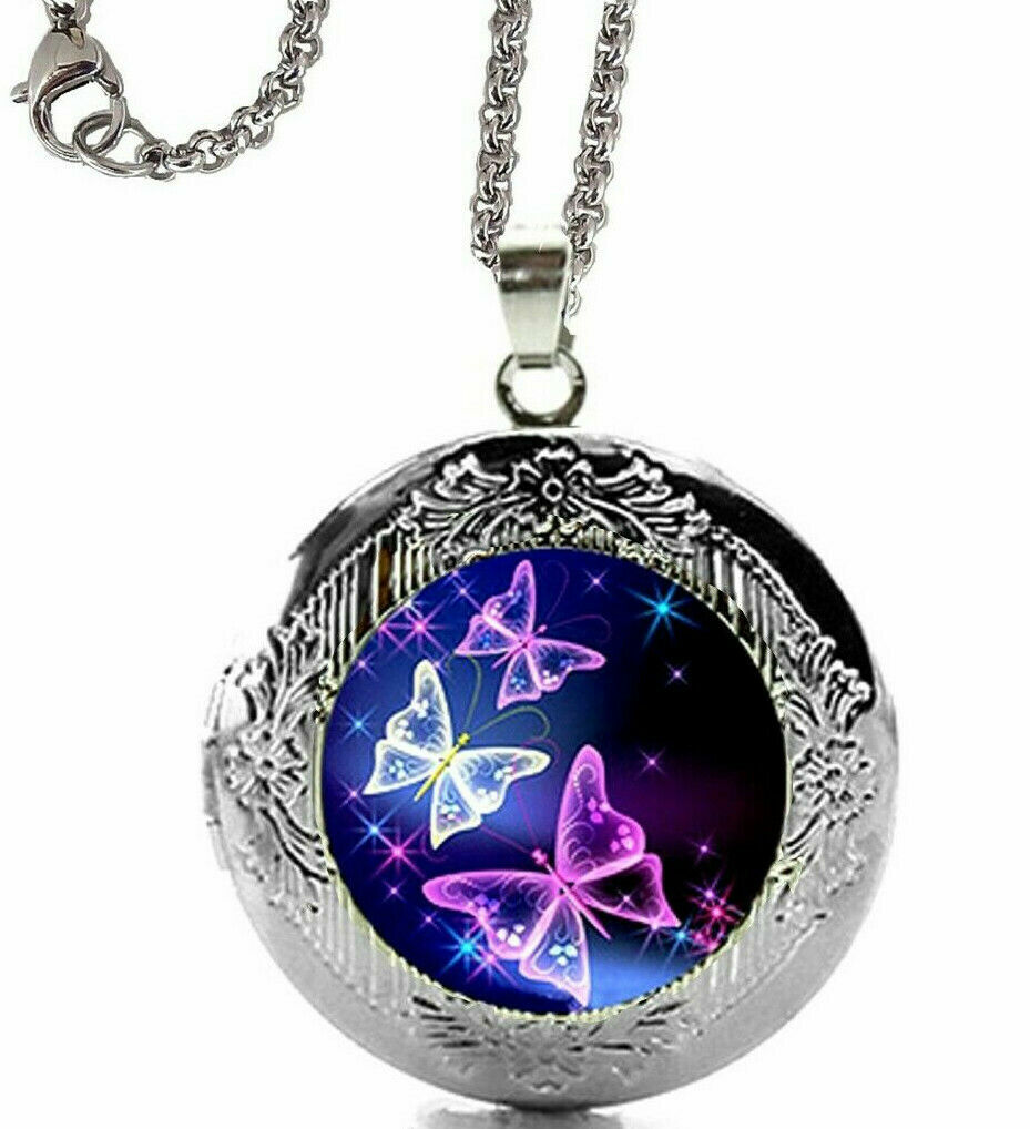 Blue Purple Butterfly Locket Pendant Necklace 24″ Stainles Steel Chain