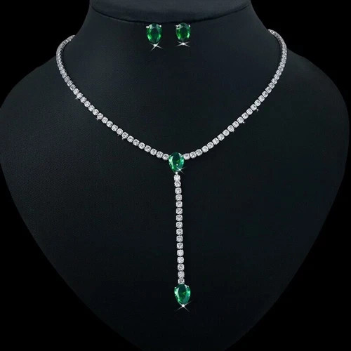 18k White Gold Plated Created Green Emerald Necklace Earrings Christmas Gift Set