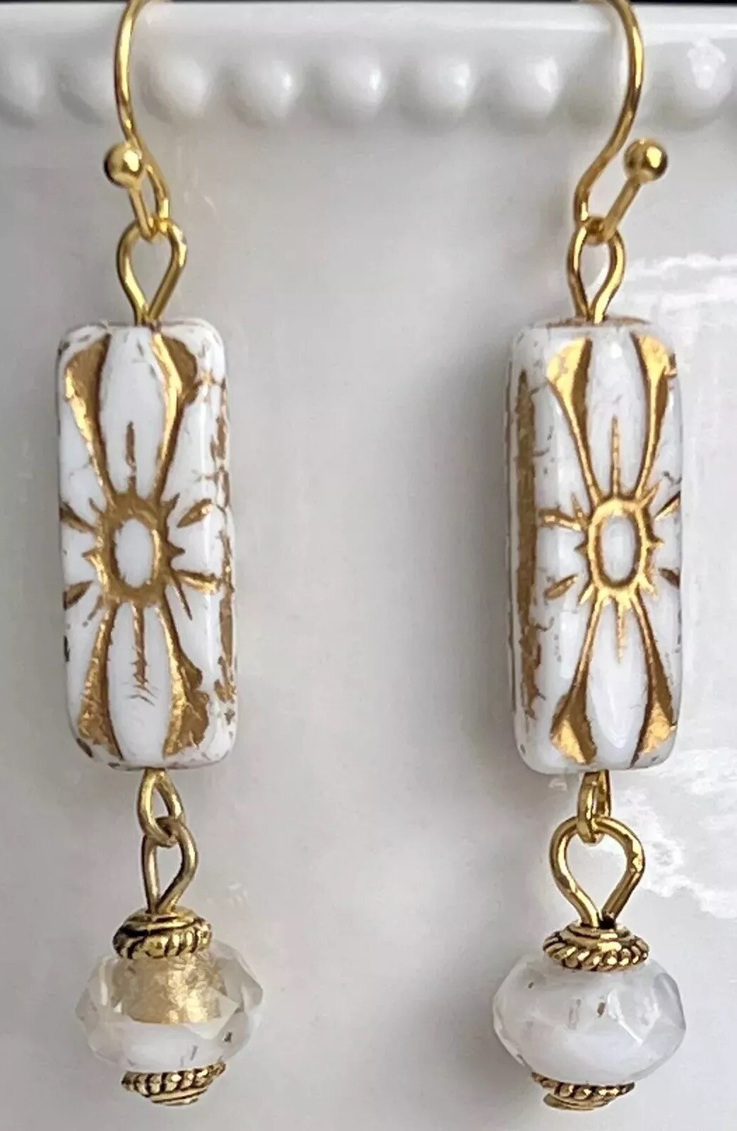 Etched Gold and White Picasso Bead Earrings. Boho Chic.
