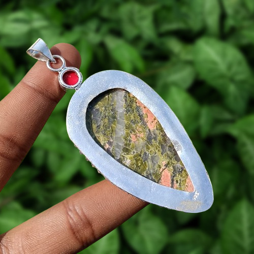 Buy Unakite Jasper &Red Coral Gemstone 2 Stone Pendant 925 Silver Plated Jewelry