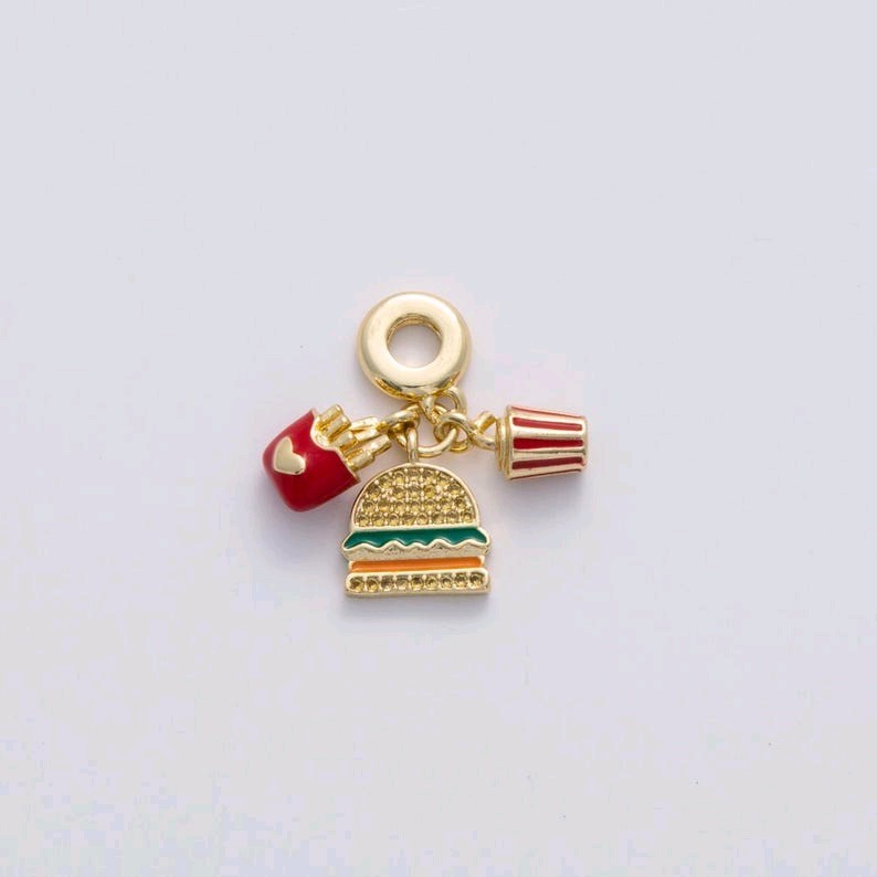 24K Gold Filled Food Charm Burger French Fries & Soda Pendant with Rondelle Bail
