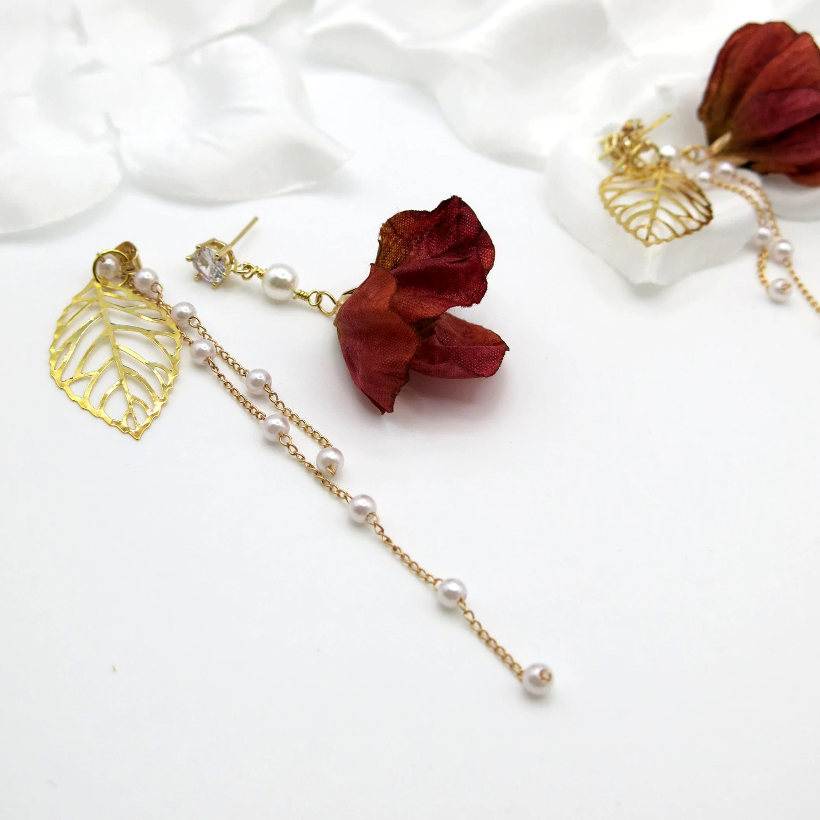 Camellia Silk Flower Chain Custom Floral Earrings – Boho Dangle Earrings