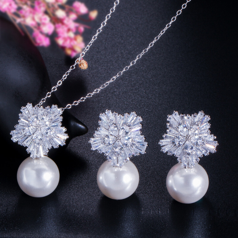 CWWZircons White Gold Cubic Zirconia Flower Pearl Necklace Earrings Jewelry Set