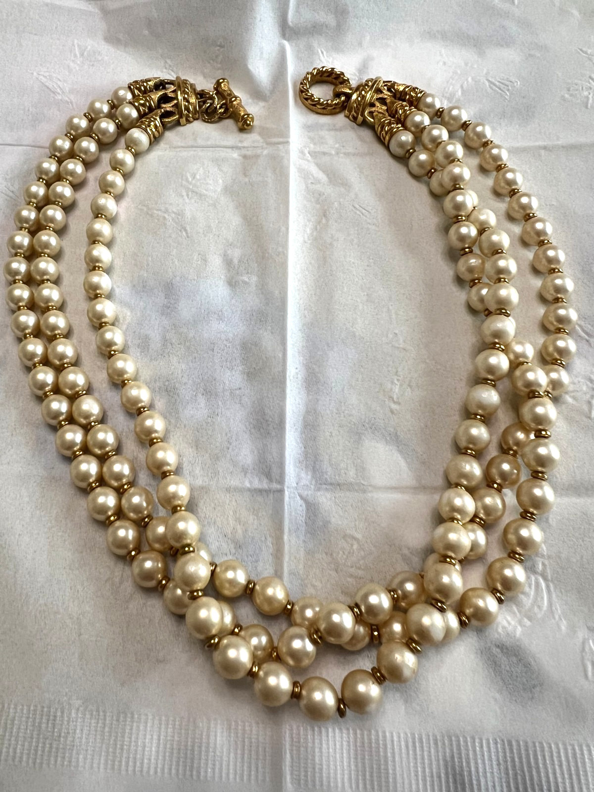 St. John 18″ Gold Tone & Faux Pearl Station Creamy Tone Bead Necklace, 3-strand