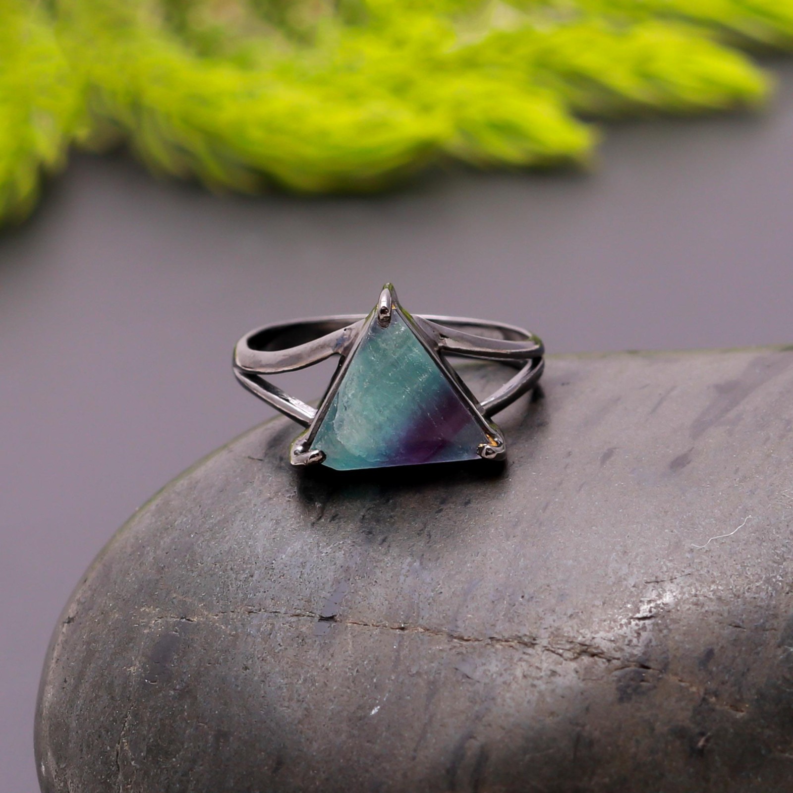 Natural Fluorite Triangle Ring 925 Sterling Silver Black Oxidized Boho Jewelry