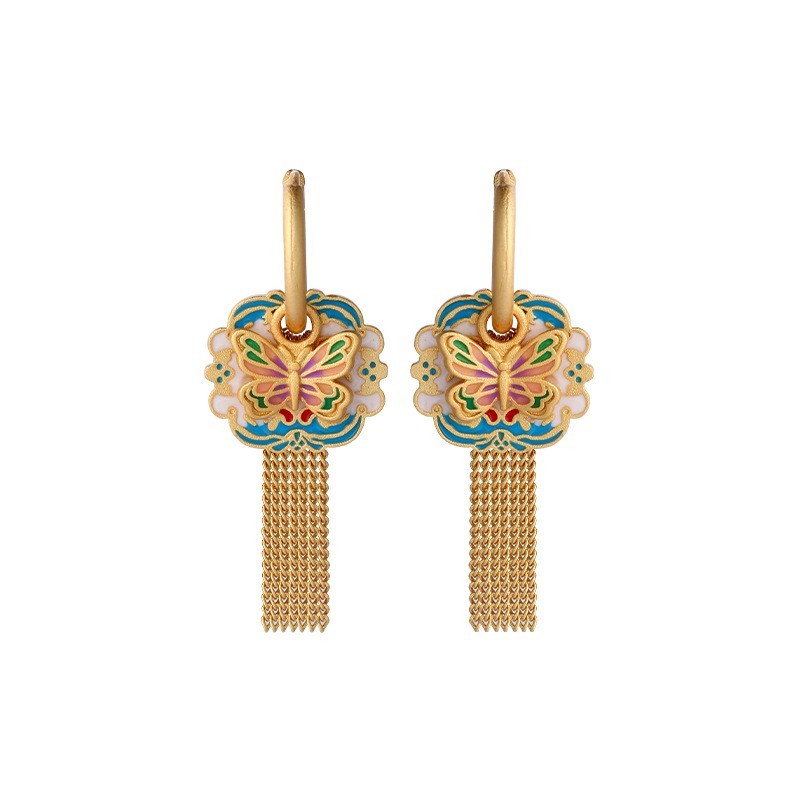Chinese Style Enamel Butterfly Earrings with Golden Layer and Tassel Chains