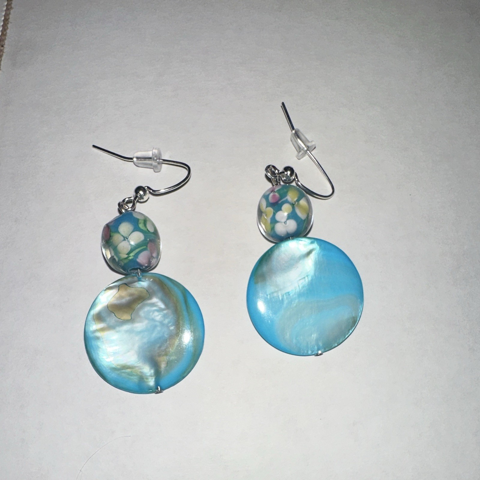 Blue Shell Round Disc Dangle/Drop Earrings, Silver Tone Hook Closure, No Stone