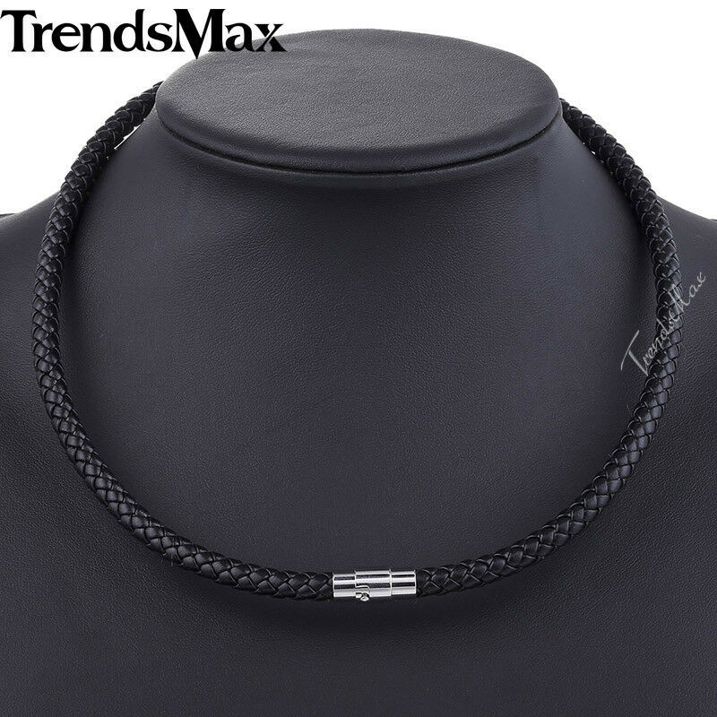 Black Man-made Leather Choker Necklace Stainless Steel Magnetic Jewelry 14-28in