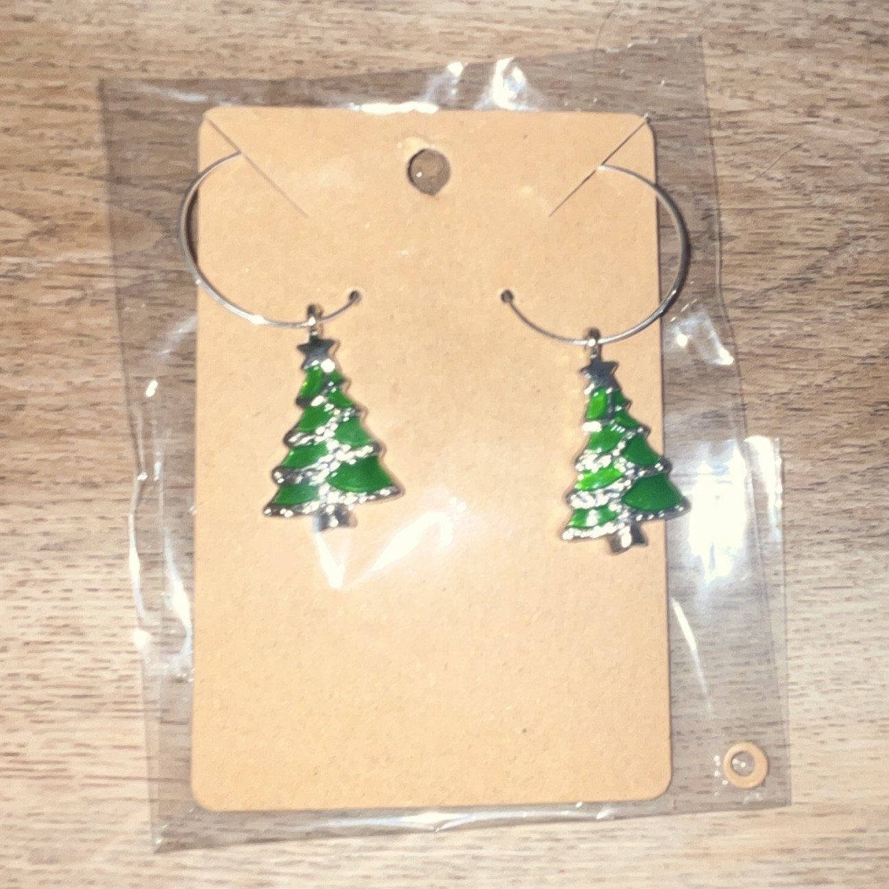 Green Silver Christmas Tree Dangle Drop Earrings Enamel Metal Hook Closure