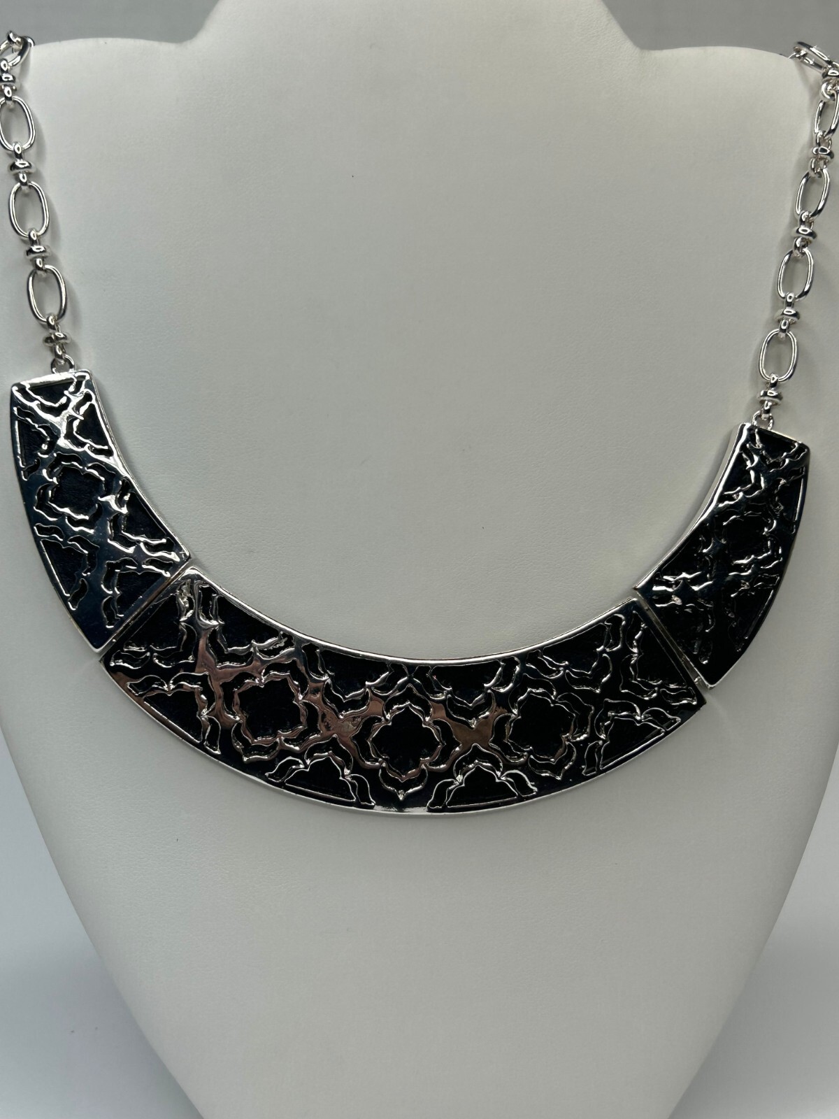 St Thomas Collar Bib Necklace 16in Blue Leather Backed Silver Tone Cut Out NWT