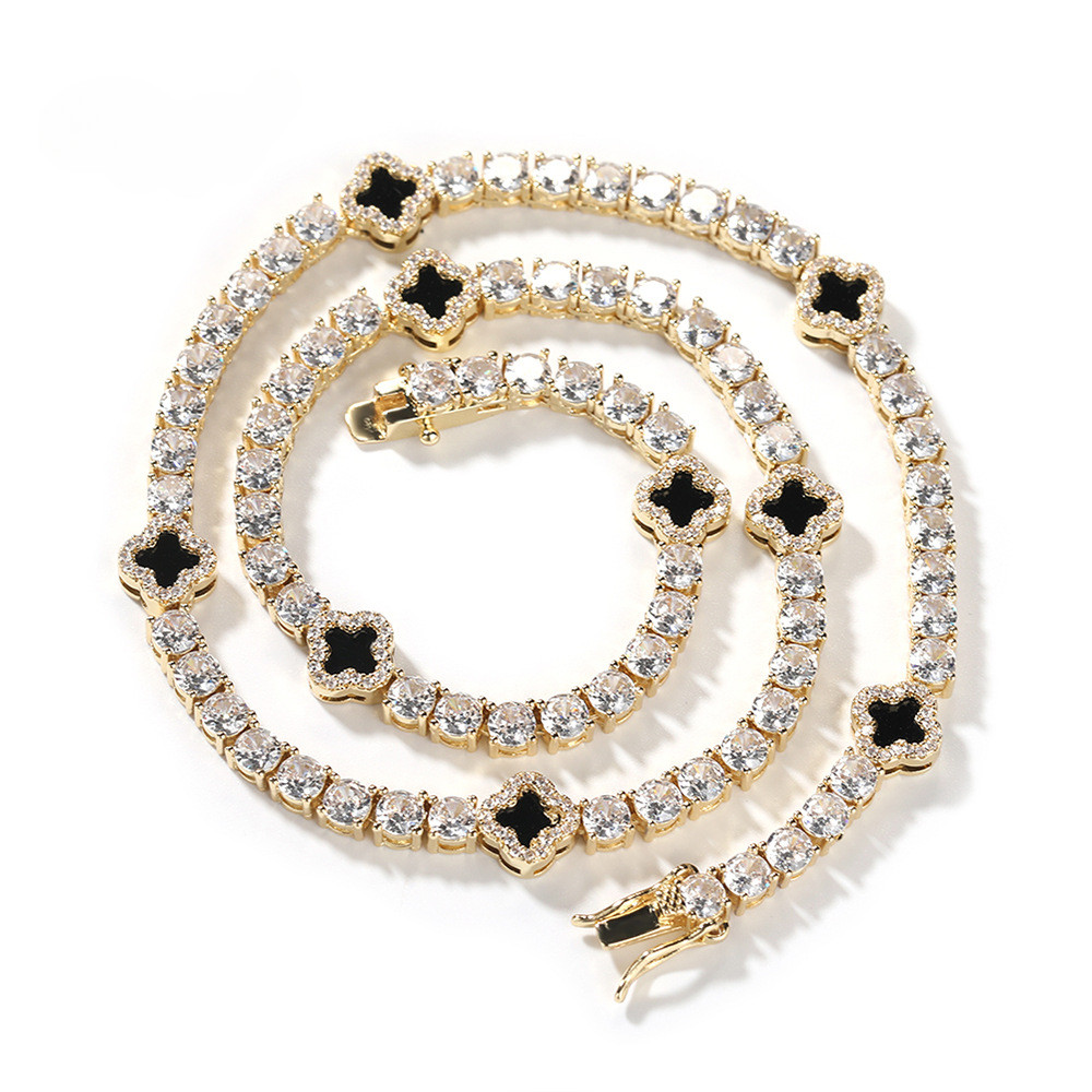 Women’s Four-leaf Clover Iced Out CZ Tennis Chain Necklace For Men Gold Plated