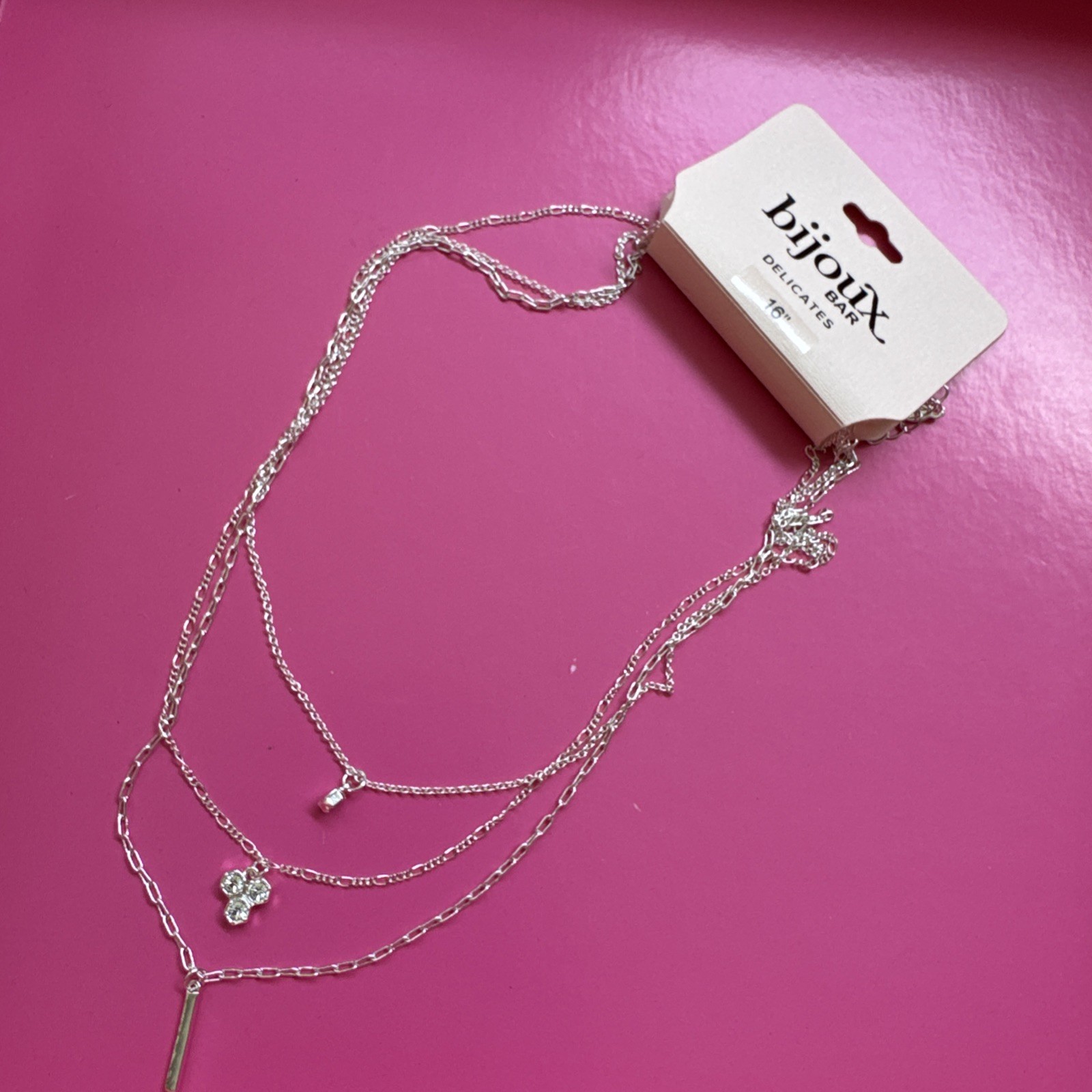 Bijoux Delicates Silvertone 3 Chain Bar Charm Layered Statement 16″ Necklace NEW
