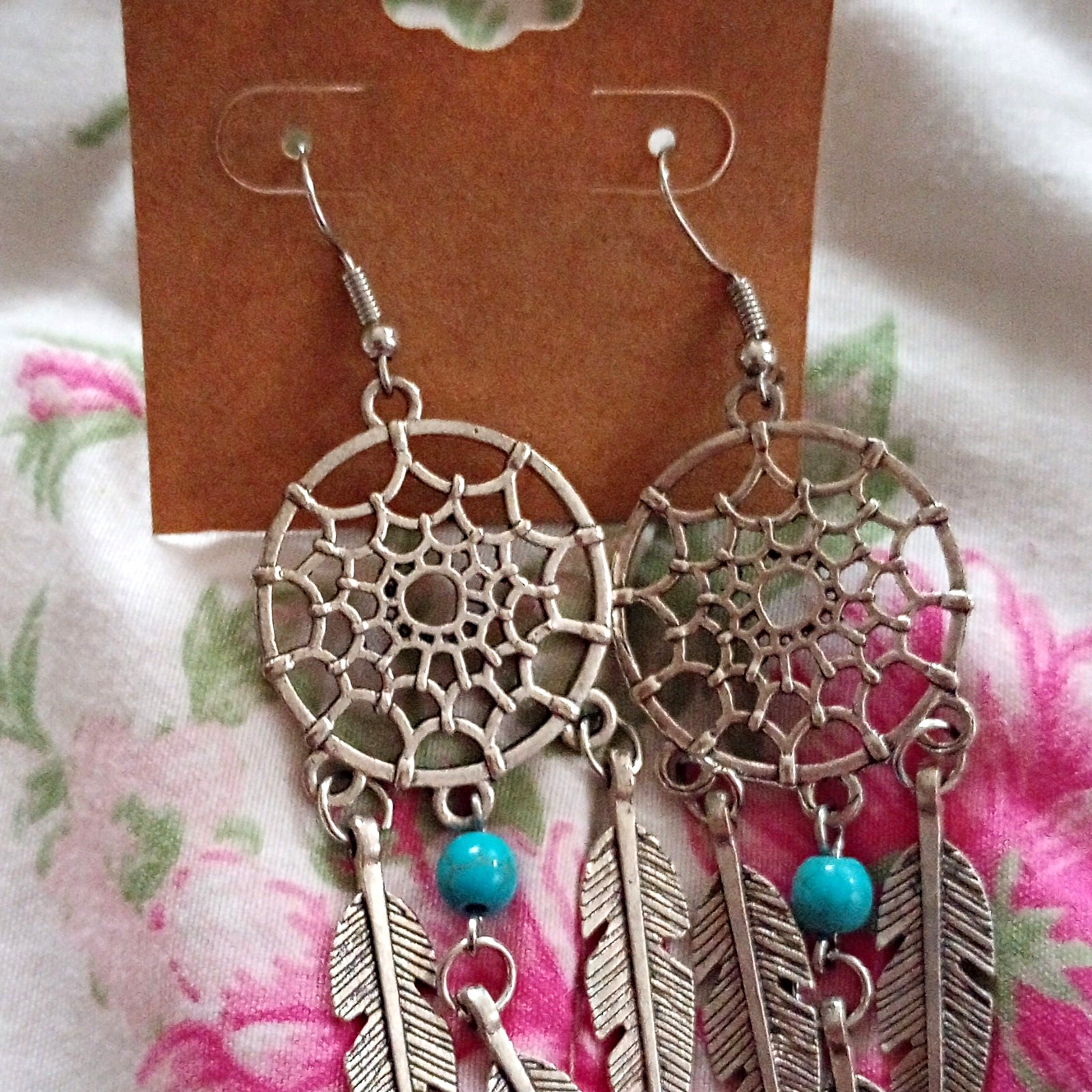 Silver Tone Blue Bead Dreamcatcher Feather Dangle Drop Hook Earrings
