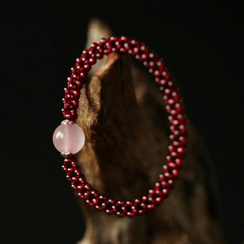 Natural Red Garnet Rose Quartz Beaded Bracelet Handmade Reiki Healing Women