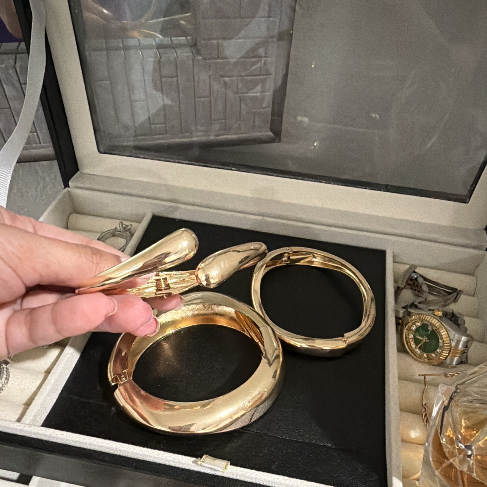 Gold Tone Stackable Hinged Bangle Bracelets Set of 3, Round Metal, No Stone