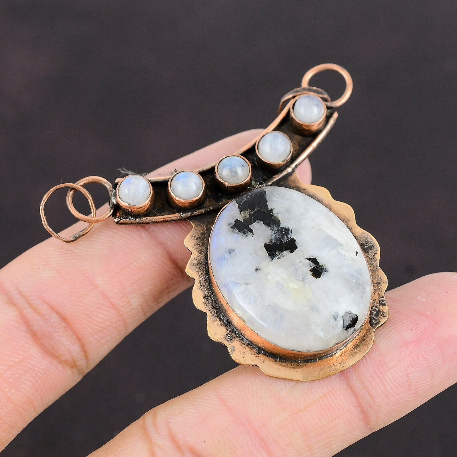 Mothers day Deal Copper Natural Rainbow Moonstone Handmade Boho Pendant Jewelry