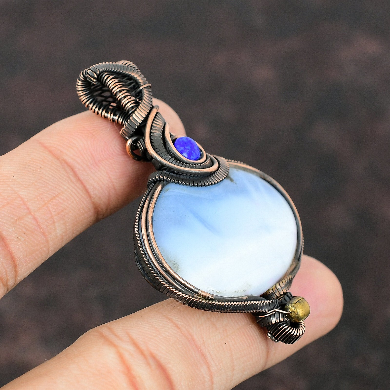 Women Day Gift Owyhee Blue Opal Copper Gift For Sister Wire Wrapped Pendant 2.4″