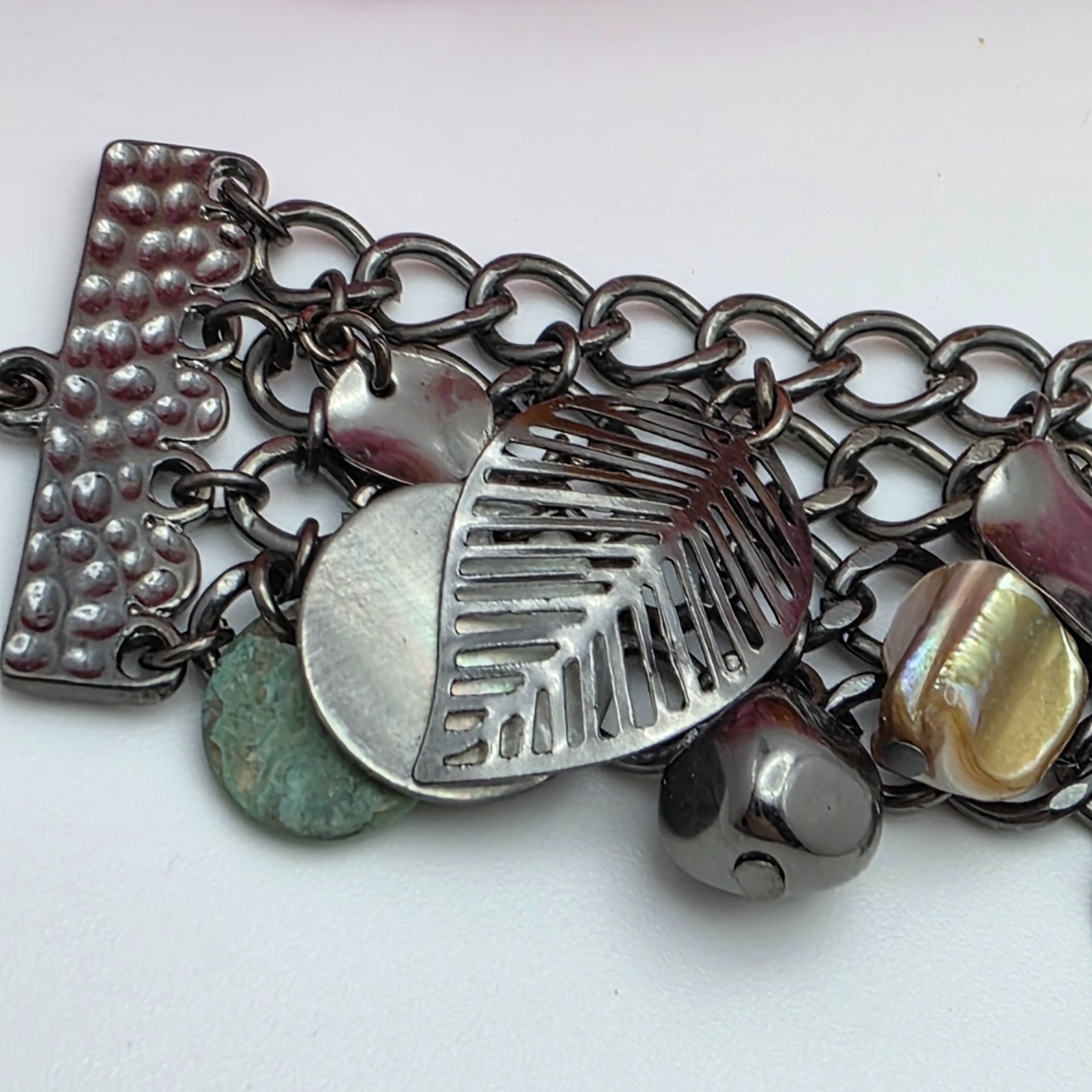 Gunmetal Multi Strand Charm Bracelet, Boho Shell Stone Dangle, Wide Statement 8″