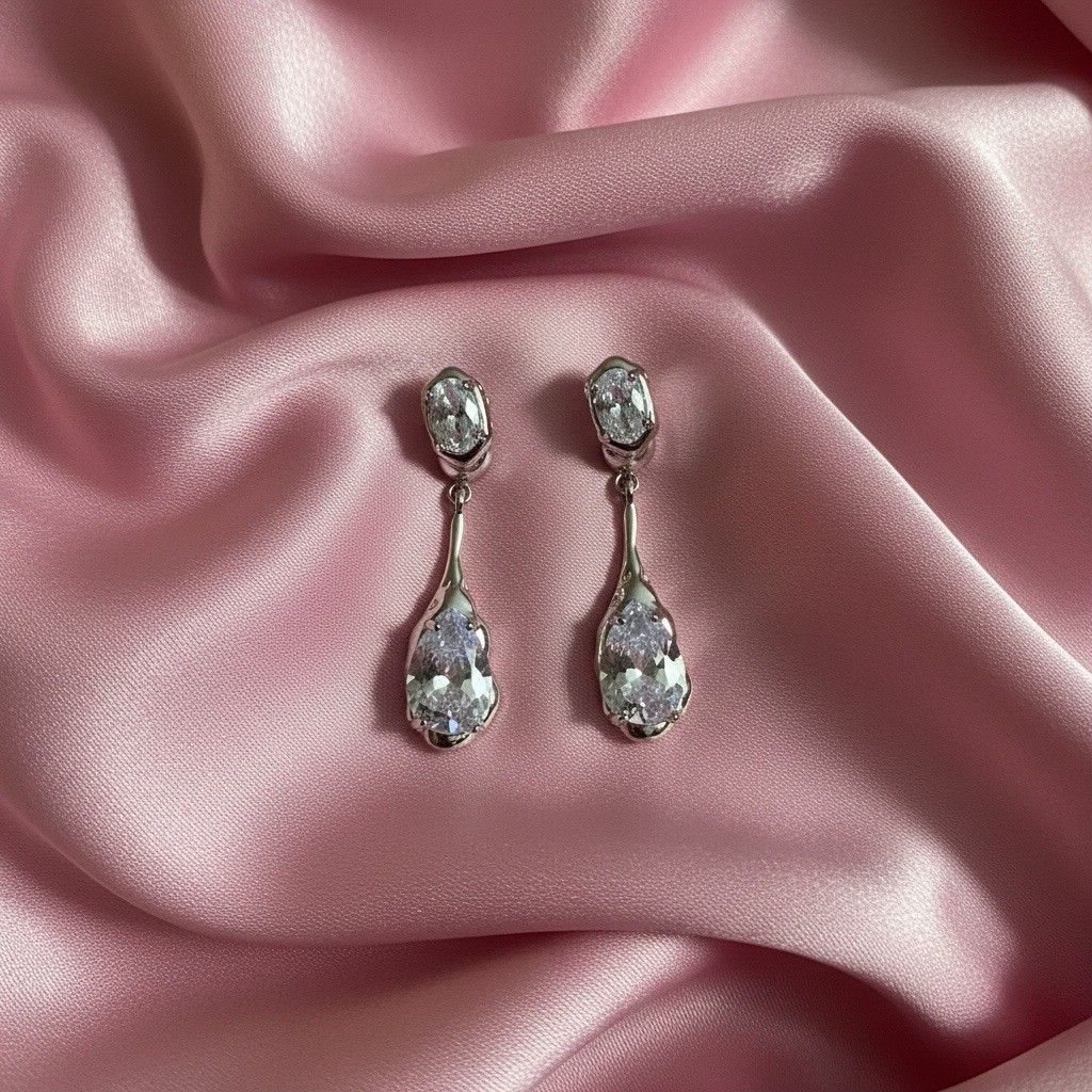 Molten Silver Teardrop Earrings Crystal Oval Stud Geometric Liquid Metal Drop CZ