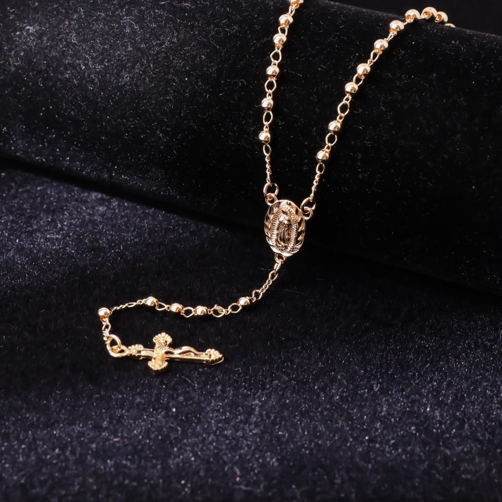 18K Gold Plated Rosary Necklace with 3mm Catholic Prayer Beads Pendant