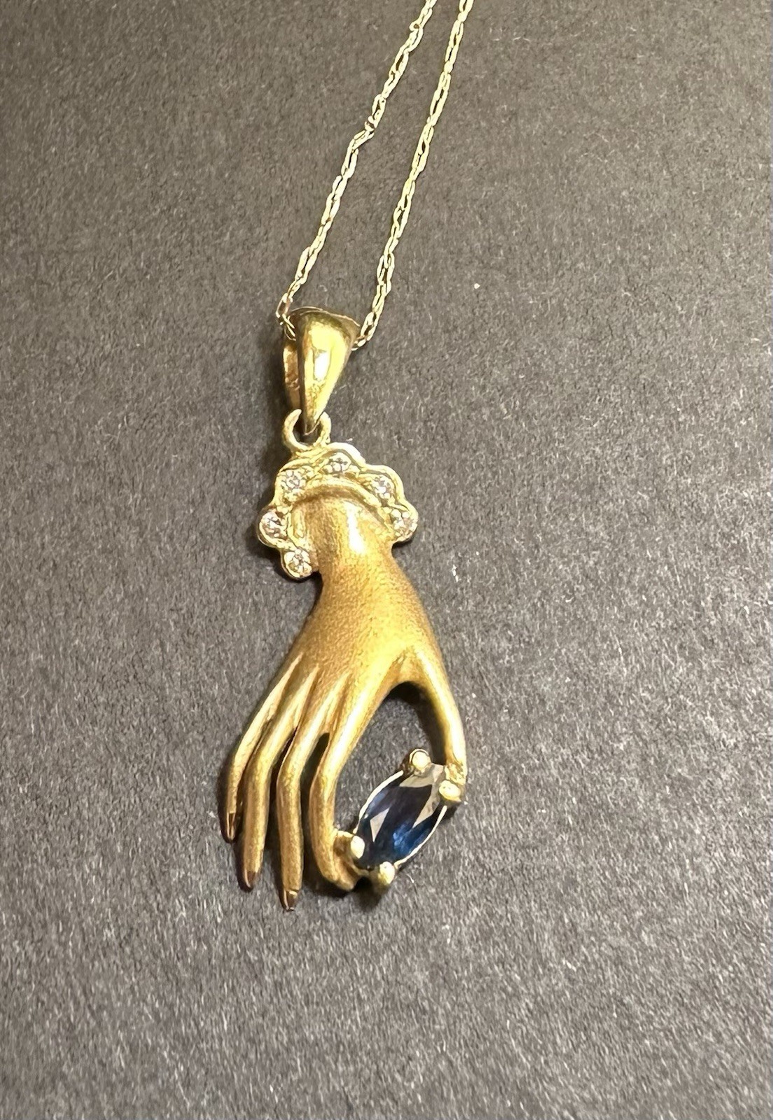 Vintage 18k Gold Hand Charm Pendant Necklace Marquise cut Sapphire and Diamonds