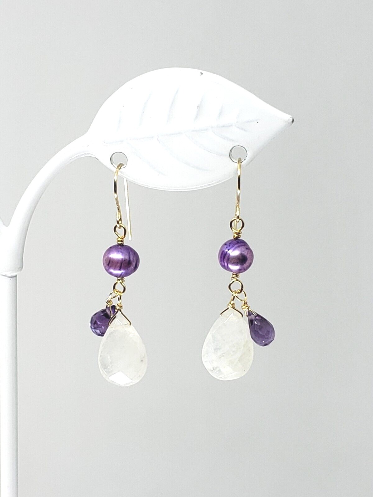14k Yellow Gold Moonstone Briolette and Amethyst Cluster Drop Dangle Earrings