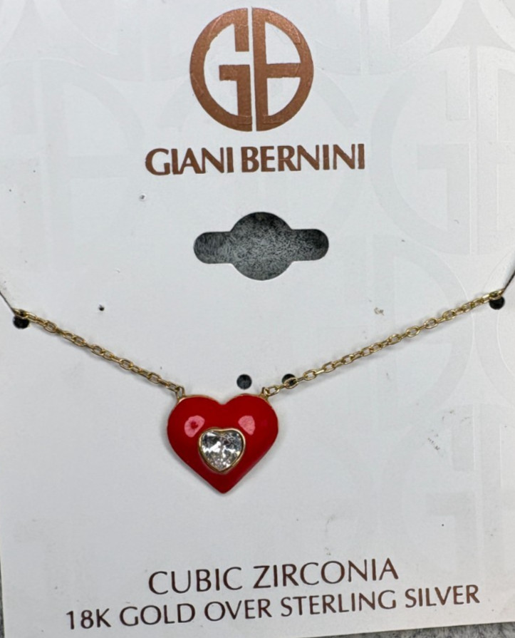 Giani Bernini 18K Gold OVER Silver Necklace Red Enamel Heart w Cubic Zirconia