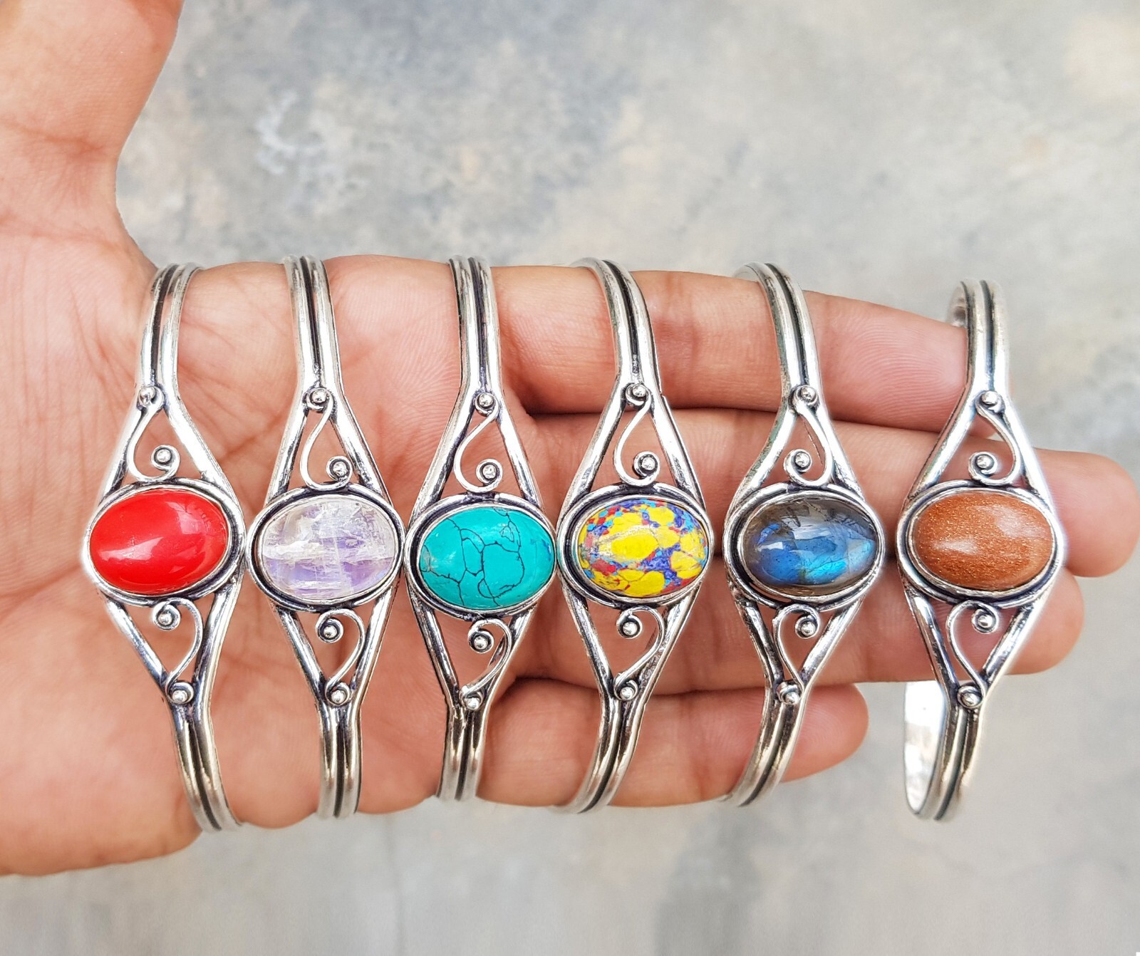 Natural Assorted Gemstone Adjustable Cuff Bangle Bracelets Multi Crystal Jewelry