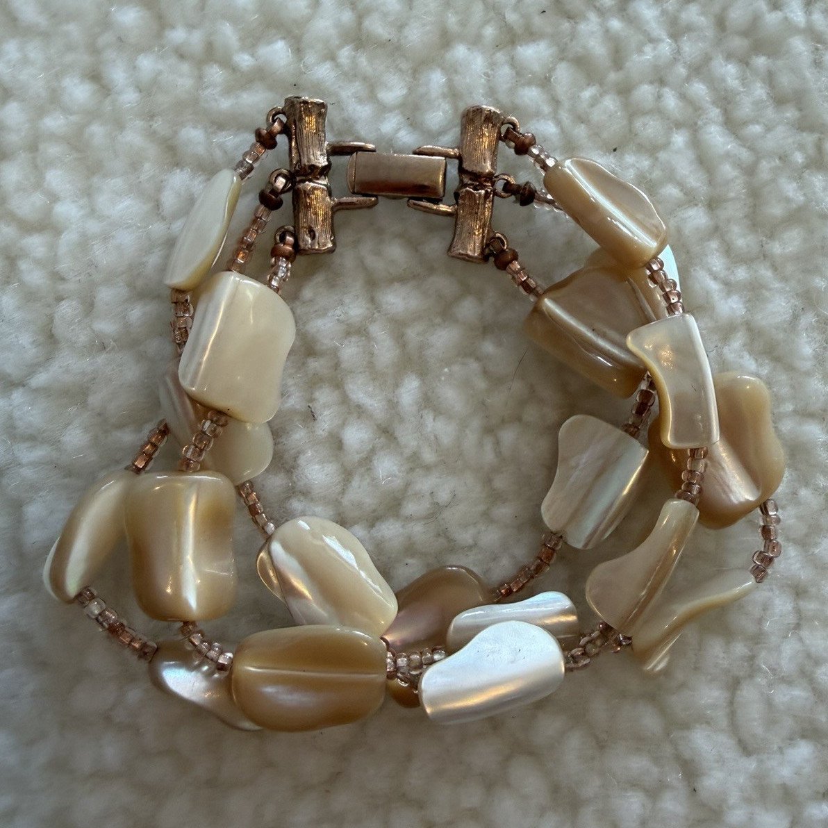 Signed Graziano Shell Triple Strand Bracelet Rose Gold Tone vintage 6 inches