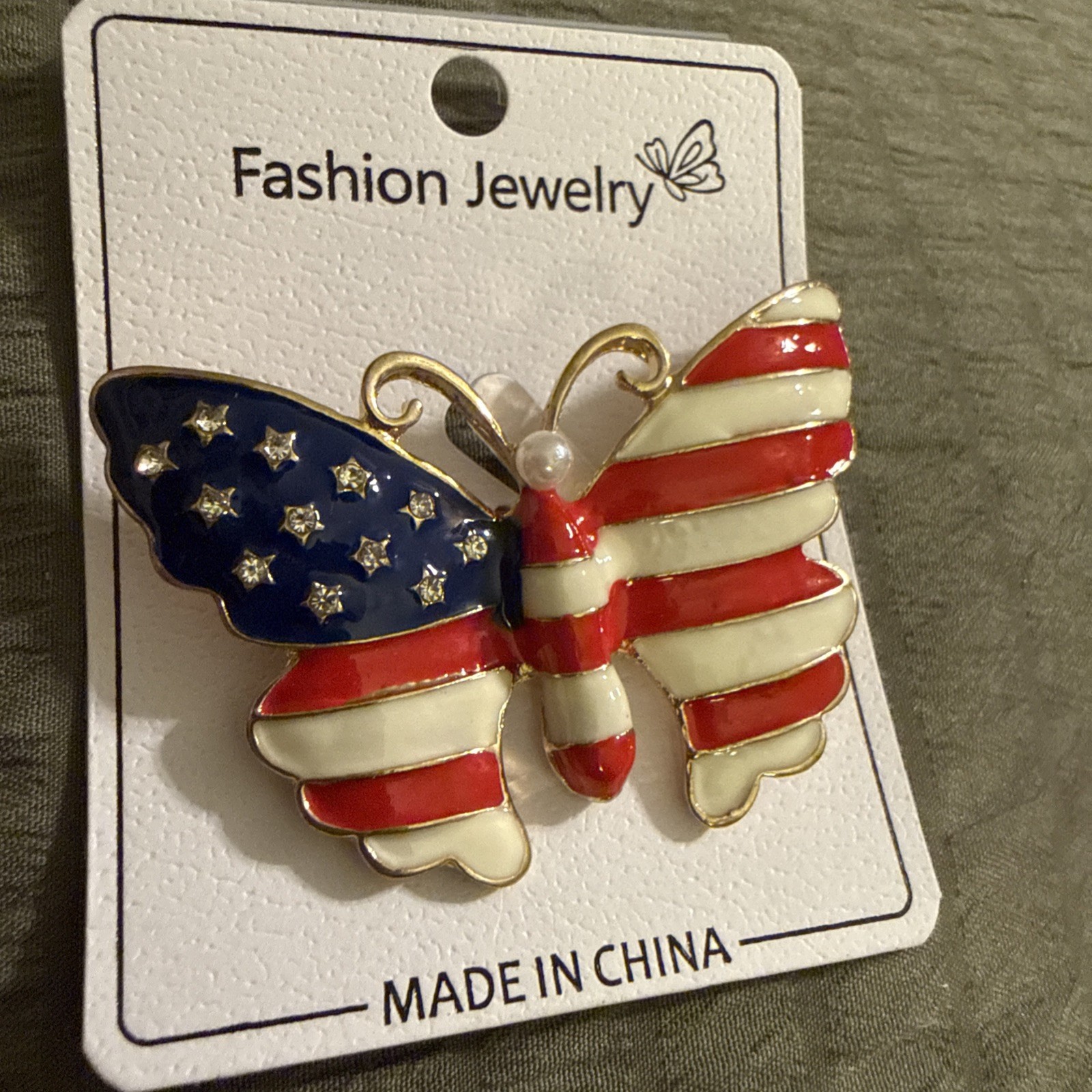 Classic Enamel With Rhinestones USA Flag Brooch Shaped Like A Butterfly