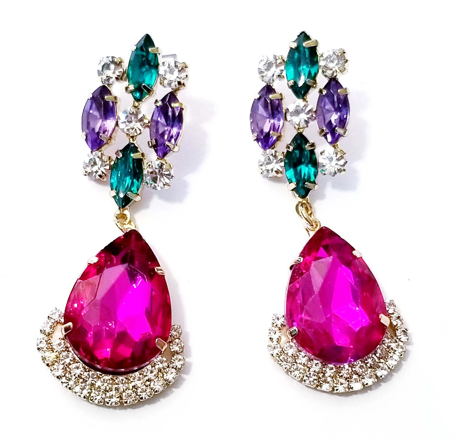 Chandelier Earrings Rhinestone Multi Color Pink Crystal 2.8 inch