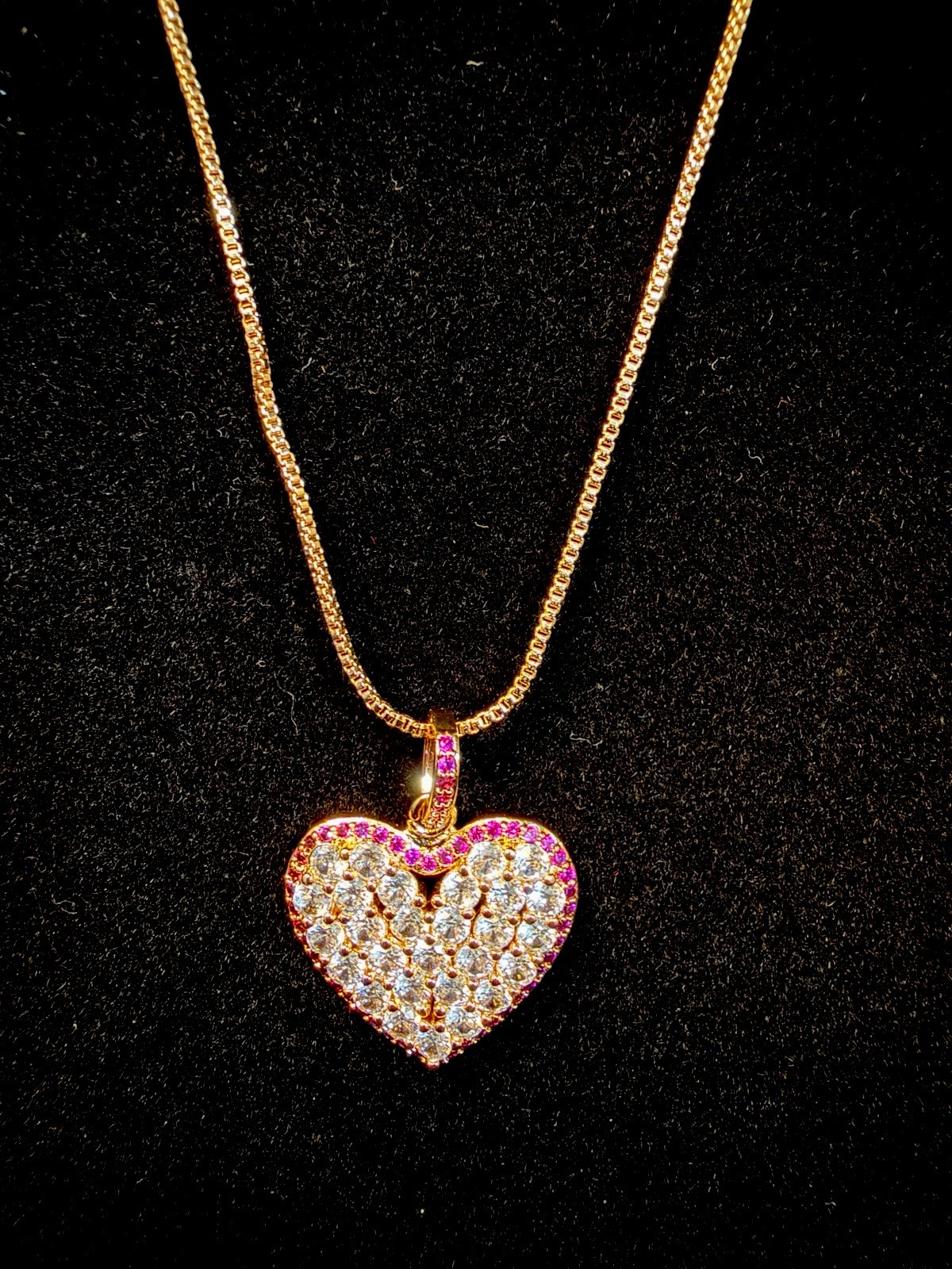 14k Gold Filled Box Cube Necklace w/White&Red AAA CZ Beautiful Stones. 16-17 in