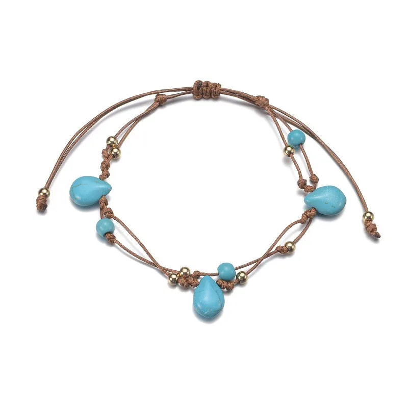 Bohemian Turquoise Beaded Anklet Double-Layer Adjustable Braided Rope Foot Chain