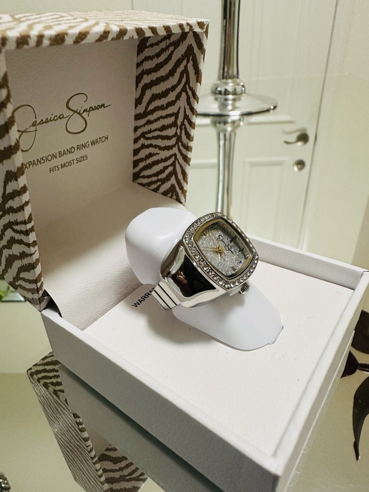 Jessica Simpson Silver Tone Ring Watch Rhinestone Bezel New In Box Women