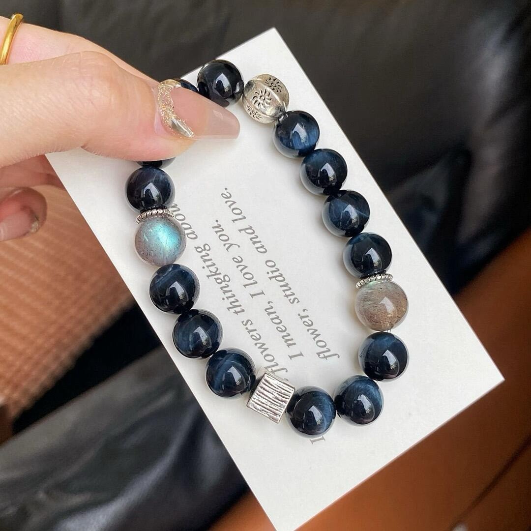 10mm Natural Blue Tiger’s Eye with Gray Moonstone Handmade Bracelet