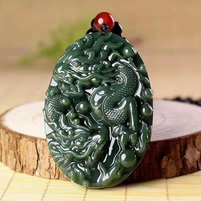 Male and Female Hetian Qingyu Double Dragon Playing Pearl Jade Necklace