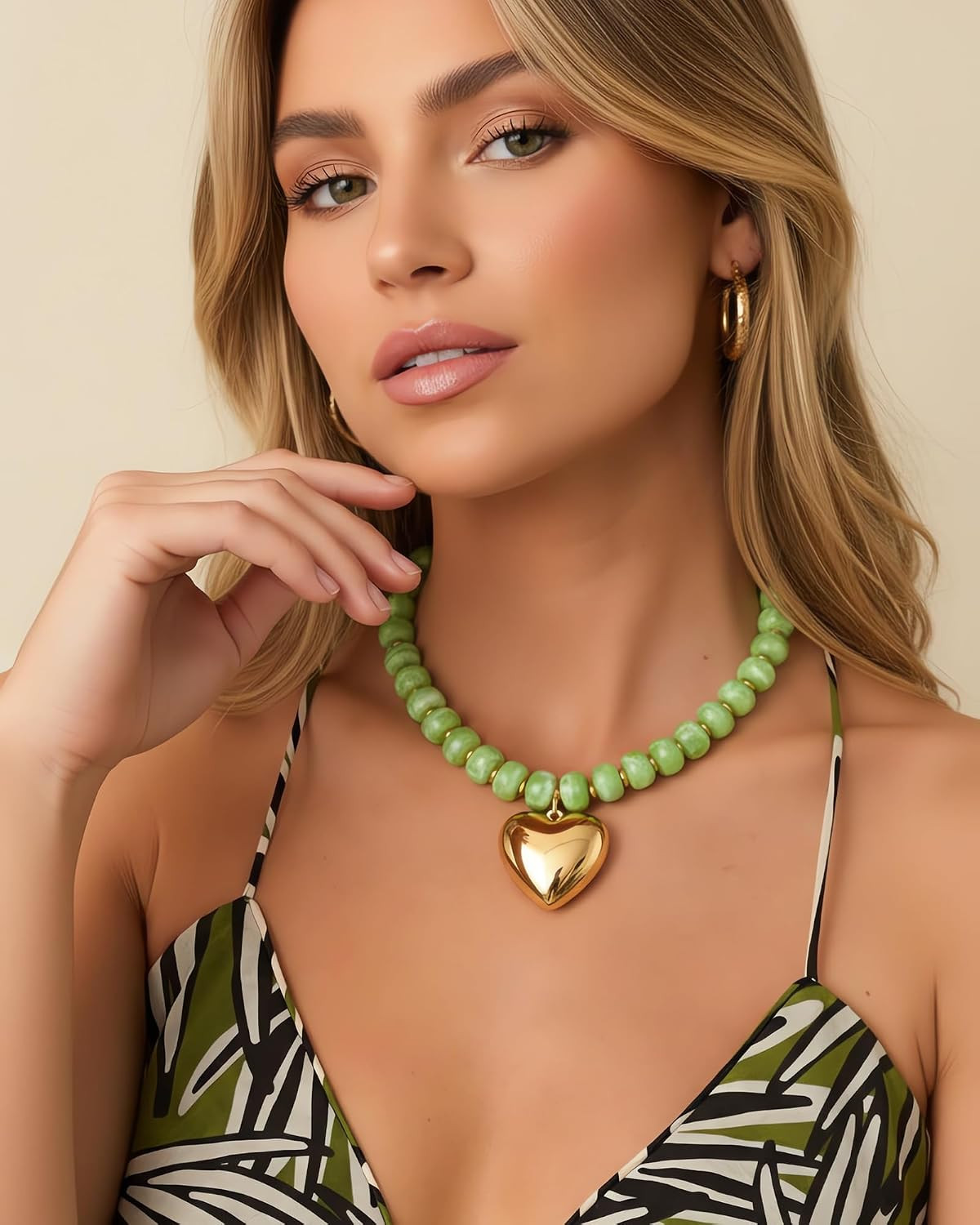Gold Heart Pendant Necklaces for Women Colorful Acrylic Resin Beaded Choker Neck